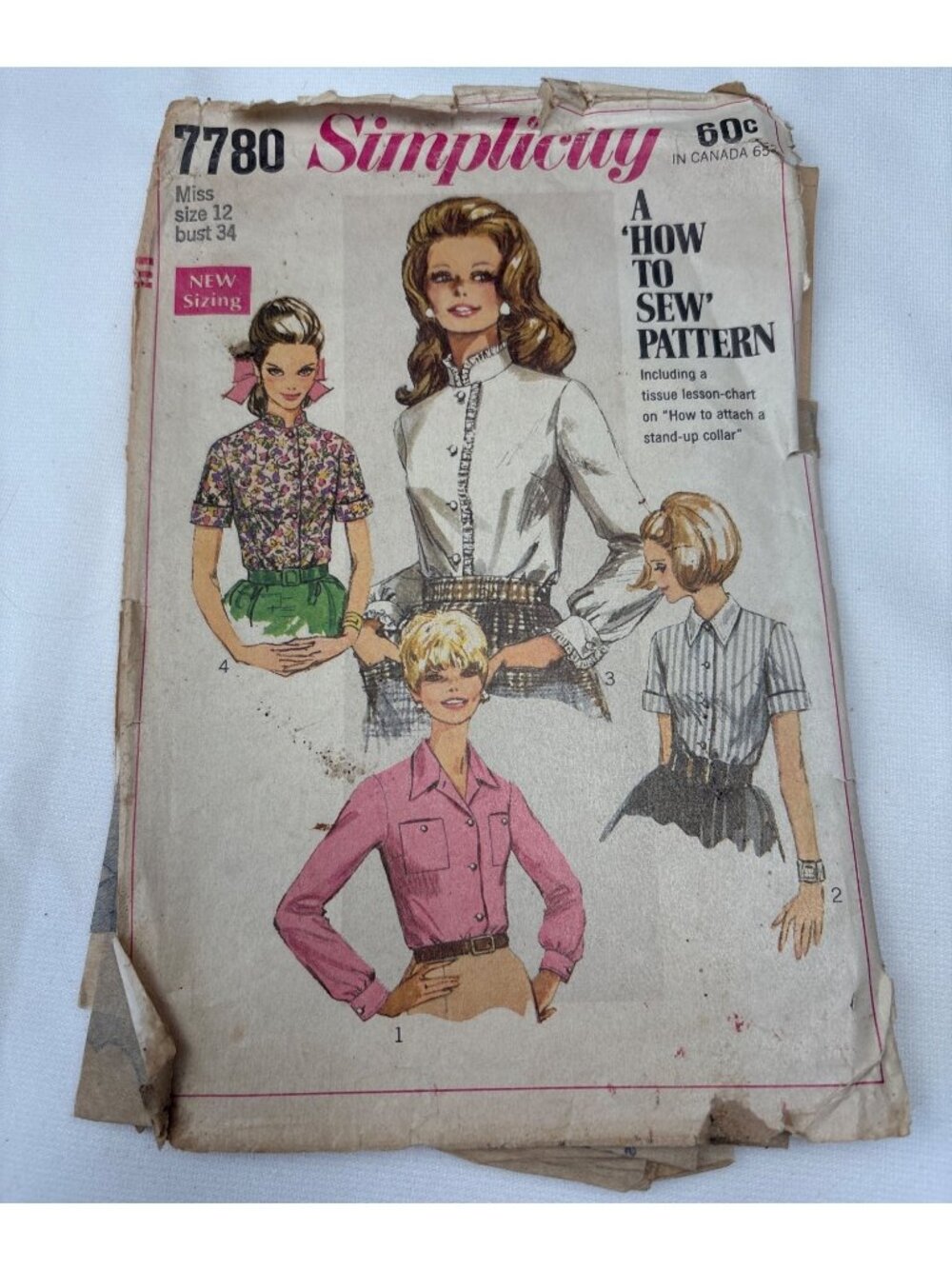 Simplicity 7780 Misses Blouses Sewing Pattern Size 12 Vintage 1968